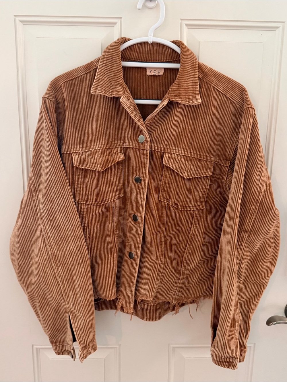 POL Corduroy Crop Trucker Jacket S | Brown Frayed Hem